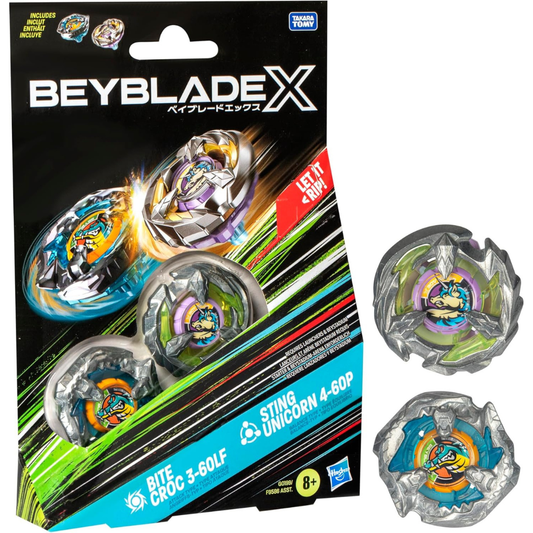 Beyblade X - Bite Croc 3-60LF y Sting Unicorn 4-60P Top Dual Pack Set