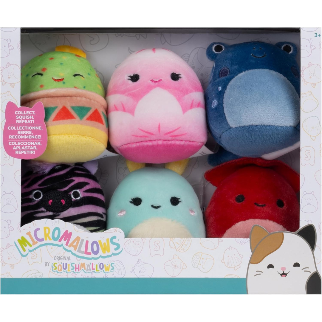Squishmallows Micromallows paquete de 6 - Safiya the Rainbow Zebra, Gideon the Guacamole, Agnolo the Blue Tadpole, Altman the Red Squid, Connie the Moth and Elin the Pink Lotus Flower