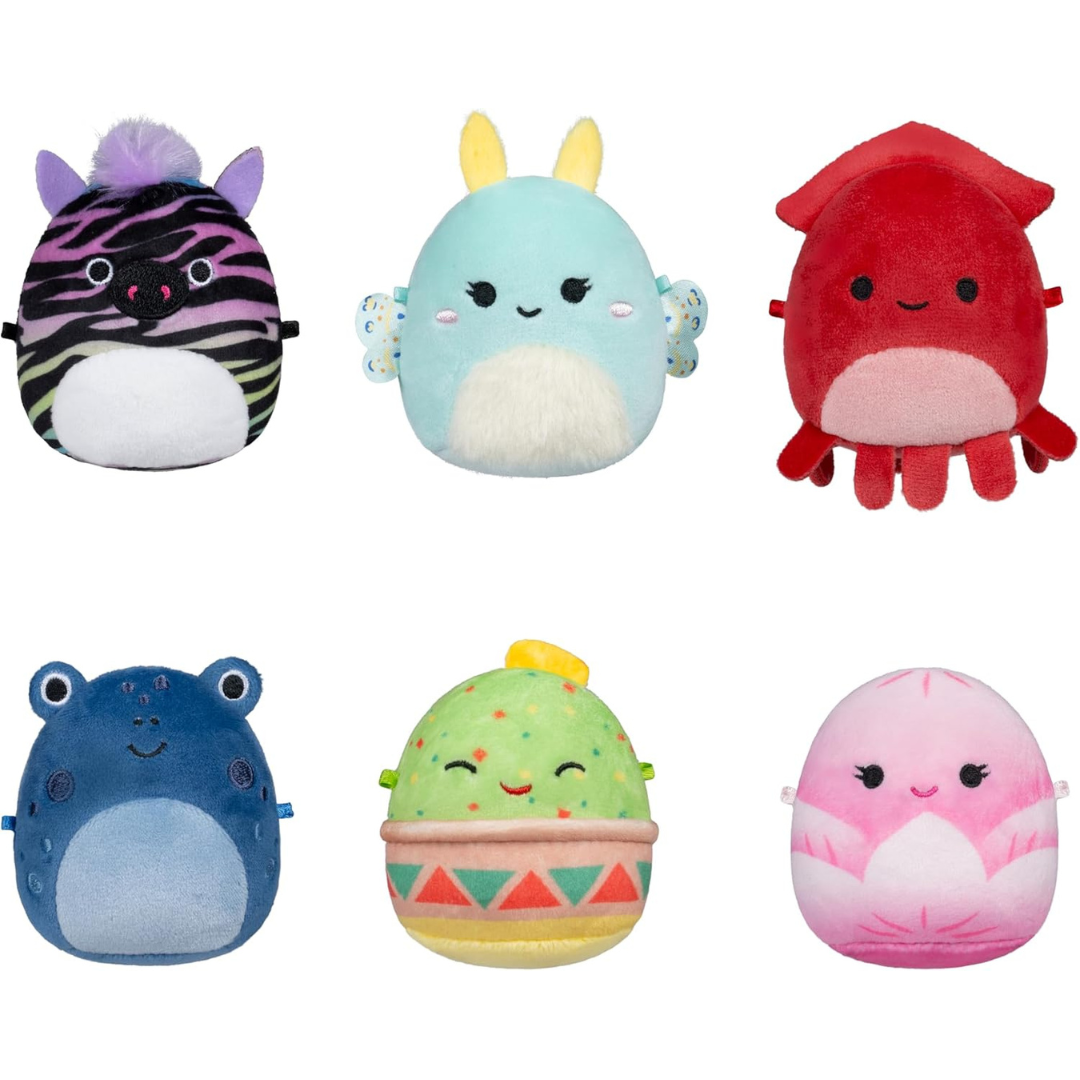 Squishmallows Micromallows paquete de 6 - Safiya the Rainbow Zebra, Gideon the Guacamole, Agnolo the Blue Tadpole, Altman the Red Squid, Connie the Moth and Elin the Pink Lotus Flower