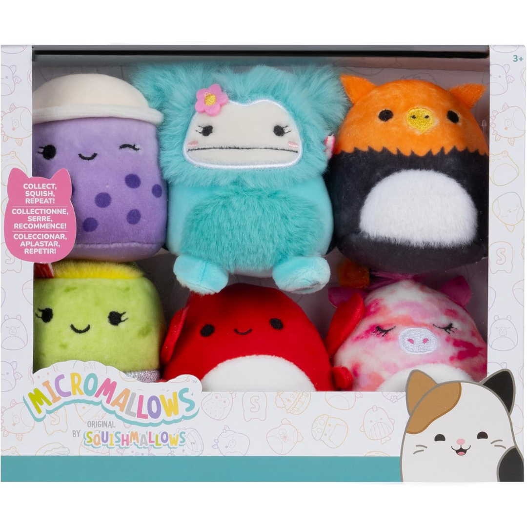 Squishmallows Micromallows paquete de 6 - Henley Alicorn, Carlos Crab, Myrna Griffin, Poplina Boba, Anjara Breakfast Burrito and Joelle Bigfoot