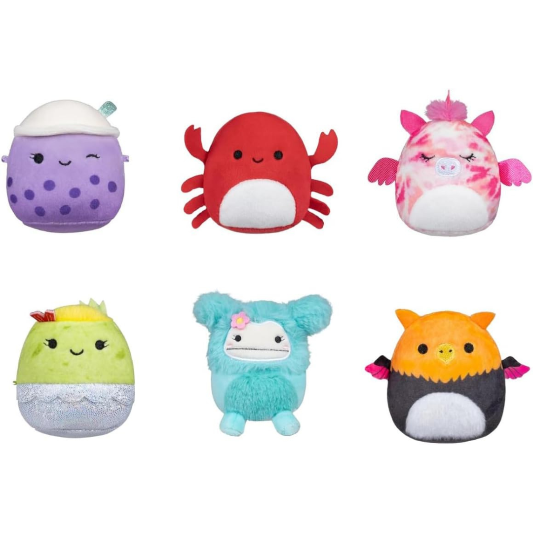 Squishmallows Micromallows paquete de 6 - Henley Alicorn, Carlos Crab, Myrna Griffin, Poplina Boba, Anjara Breakfast Burrito and Joelle Bigfoot