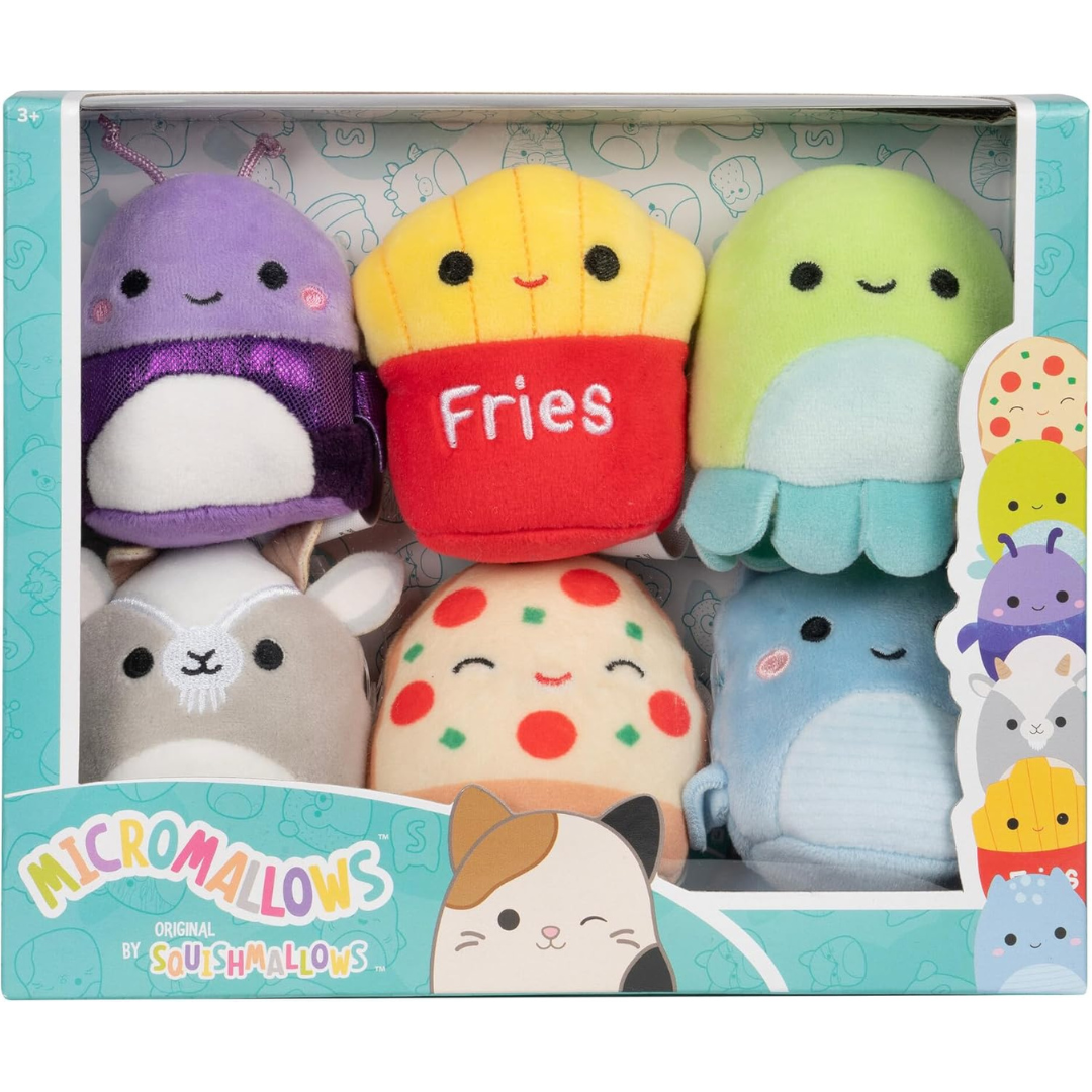 Squishmallows Micromallows paquete de 6 - Axel Beetle, Lune Loch Ness Monster, Floyd French Fries, Orphie Octopus, Pep Pizza y Walker Goat