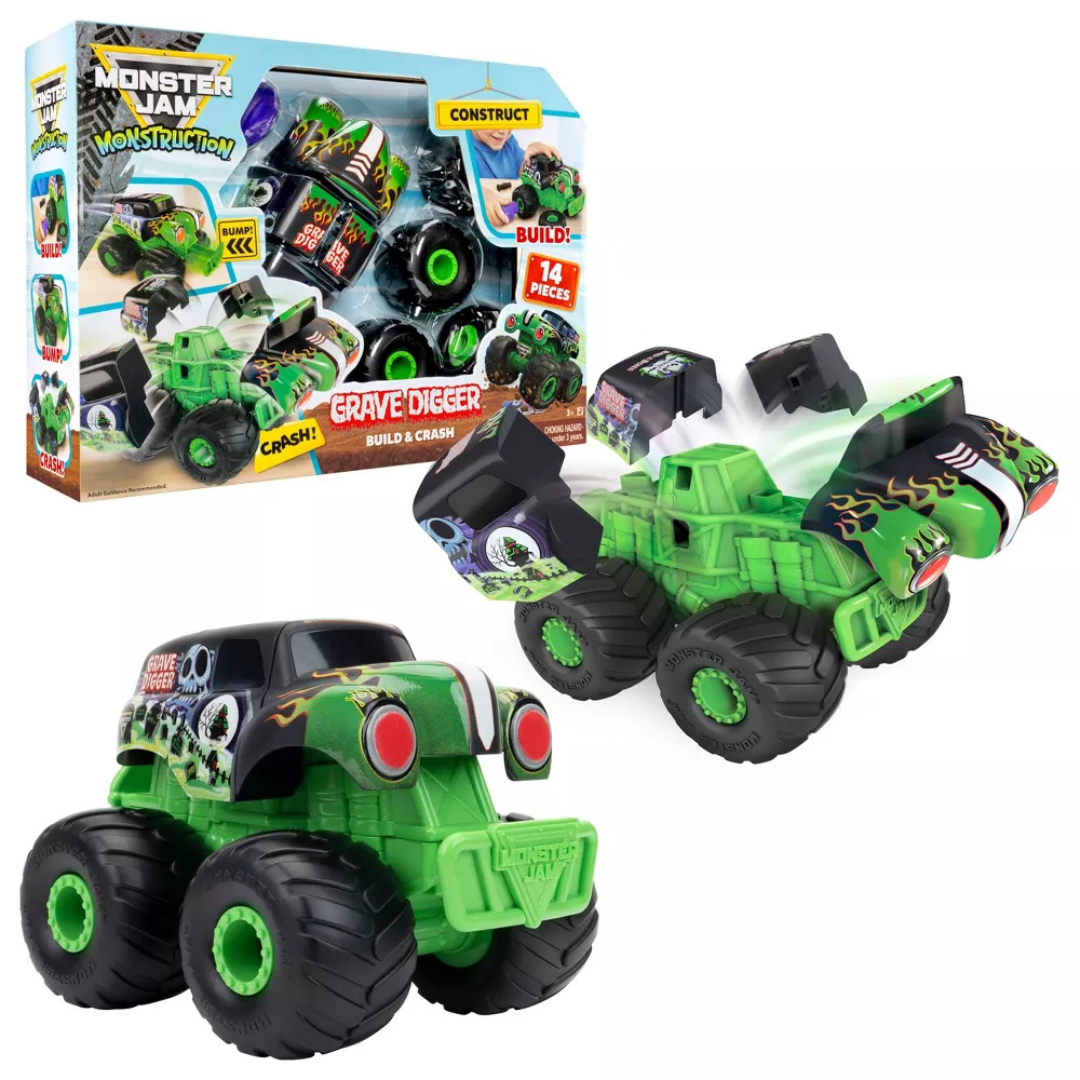 Monster Jam Grave Digger Monstruction Truck 5" – Vehículo Armable de 16 Piezas con Destornillador
