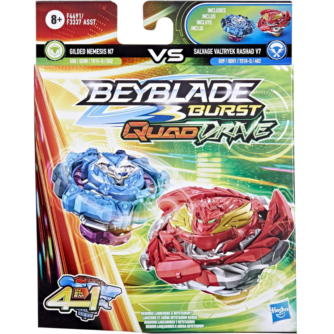 Beyblade Burst QuadDrive Salvage Valtryek Rashad V7 y dorada, Nemesis N7  Spinning Top Dual Pack