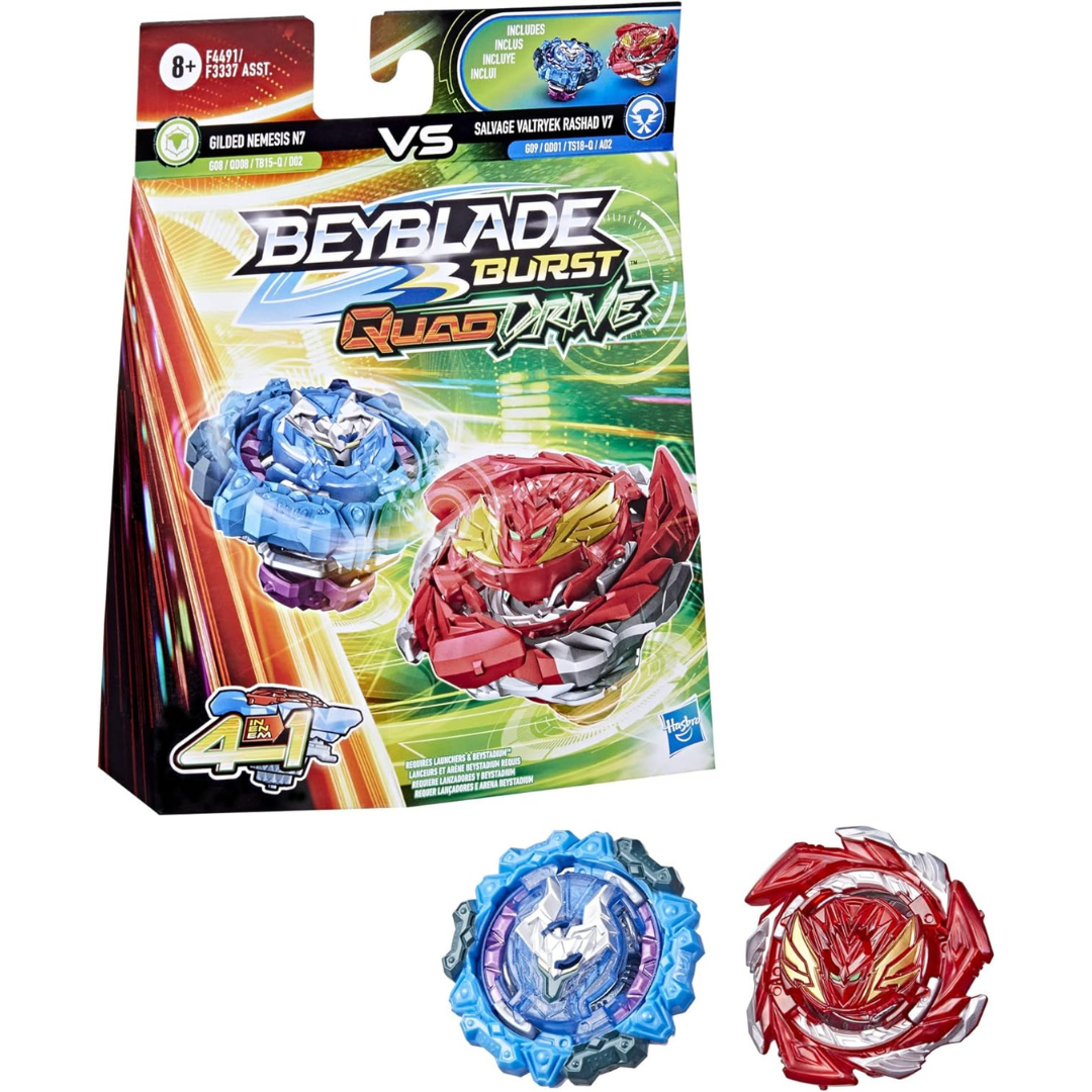 Beyblade Burst QuadDrive Salvage Valtryek Rashad V7 y dorada, Nemesis N7  Spinning Top Dual Pack