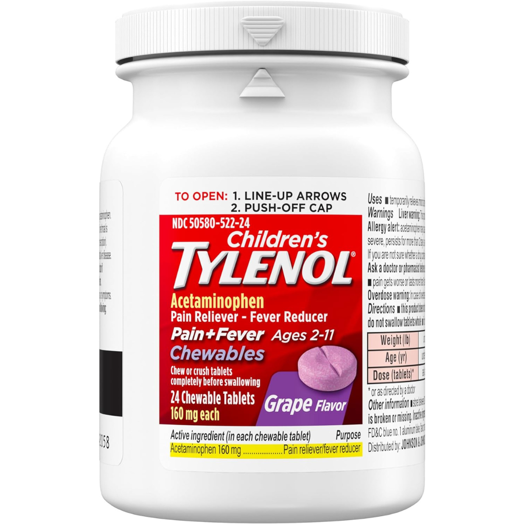 Tylenol para Niños 2-11 Años - Pastillas Masticables 160 mg de acetaminofeno Sabor a Uva 24 unidades