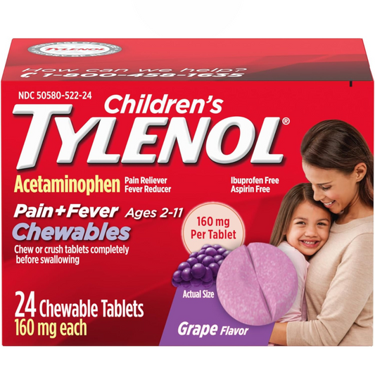 Tylenol para Niños 2-11 Años - Pastillas Masticables 160 mg de acetaminofeno Sabor a Uva 24 unidades