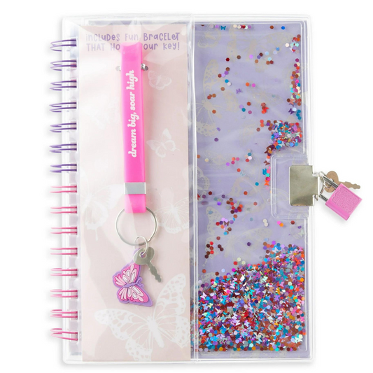 Diario Pen+Gear - Cuaderno con glitter Mariposa y pulsera de animales con llave y candado