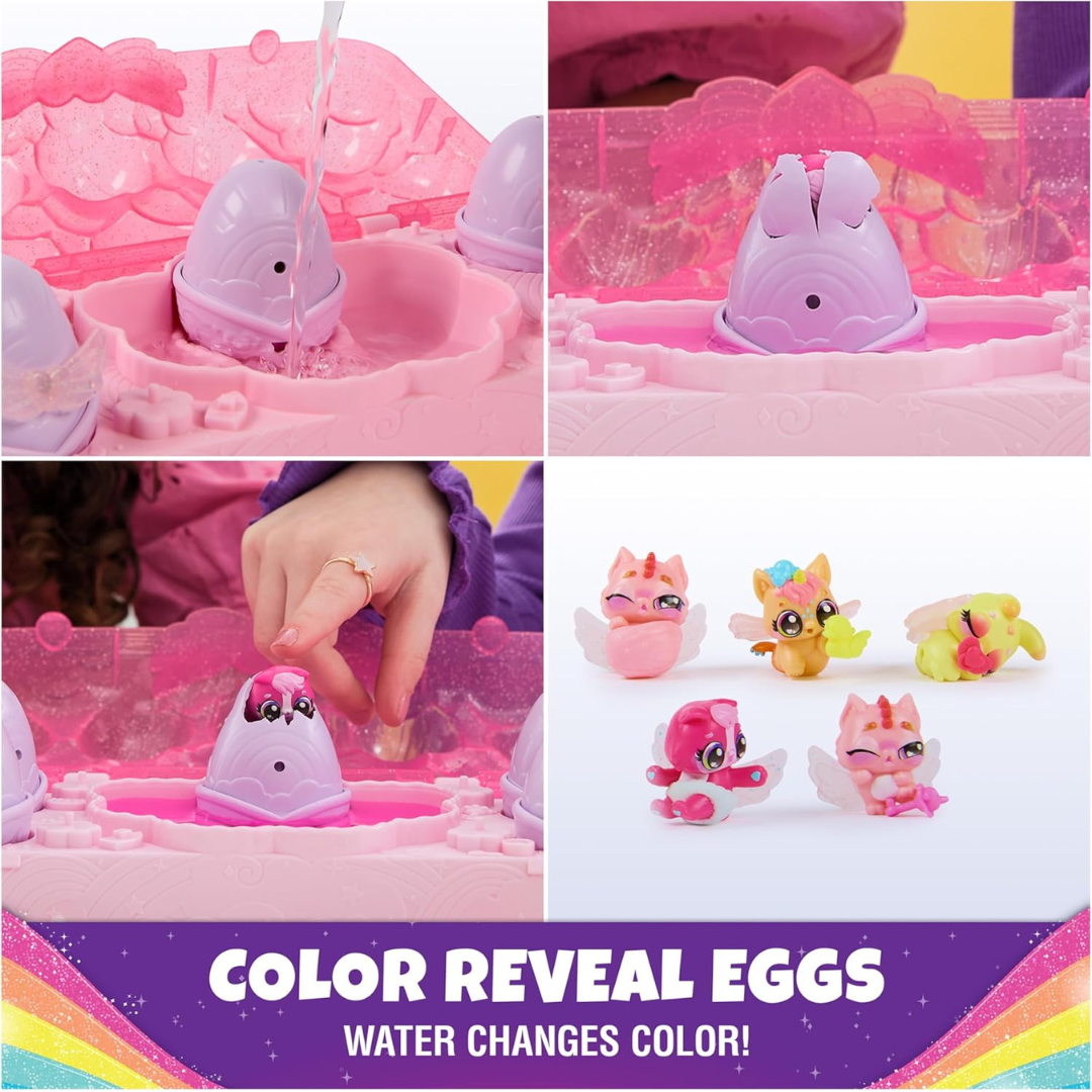 Hatchimals Alive Rainbow Splash - Cartón de juguete con 5 mini figuras en color Reveal Huevos y 10 accesorios