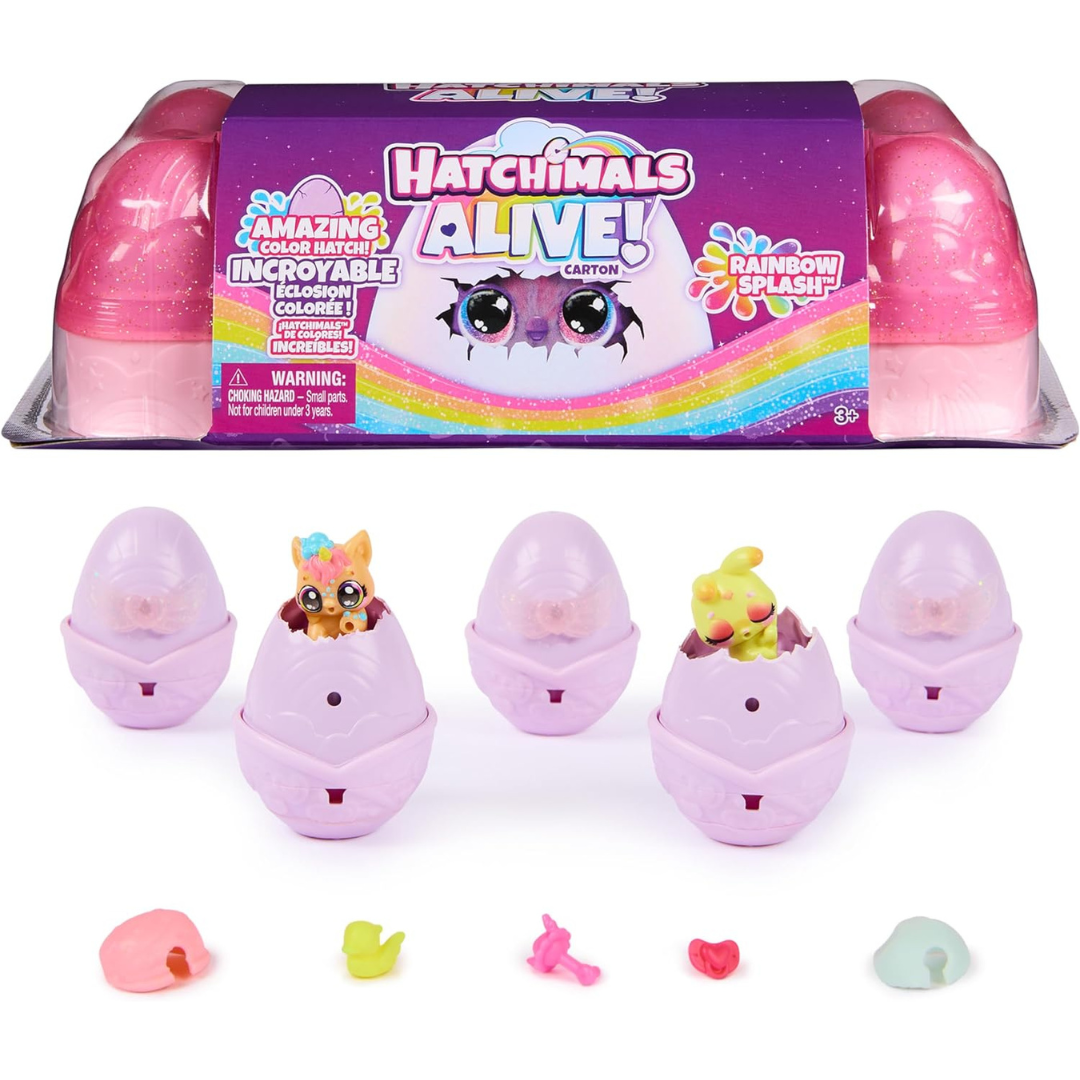 Hatchimals Alive Rainbow Splash - Cartón de juguete con 5 mini figuras en color Reveal Huevos y 10 accesorios