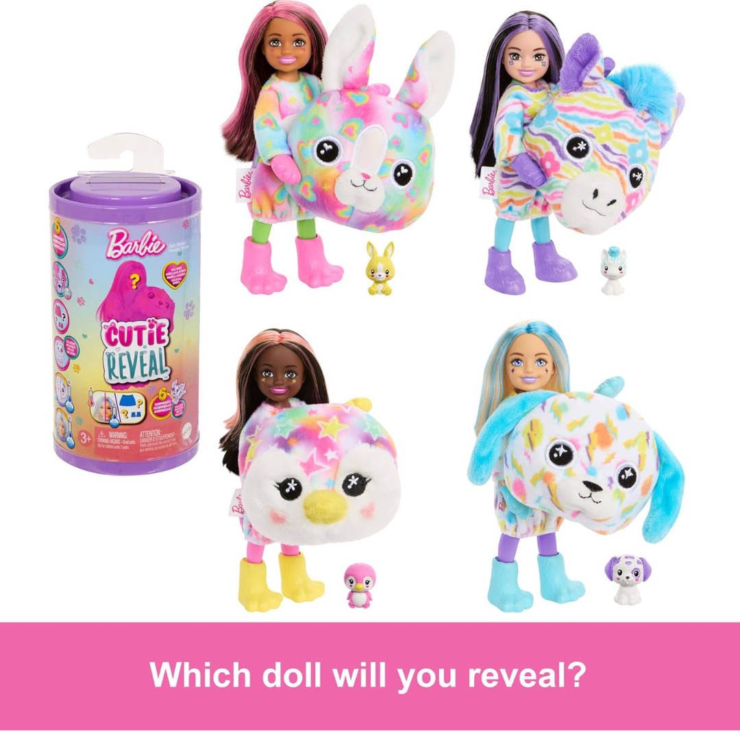 Barbie Chelsea Cutie Reveal - Serie Color Dream en disfraz de animal de felpa con 6 sorpresas