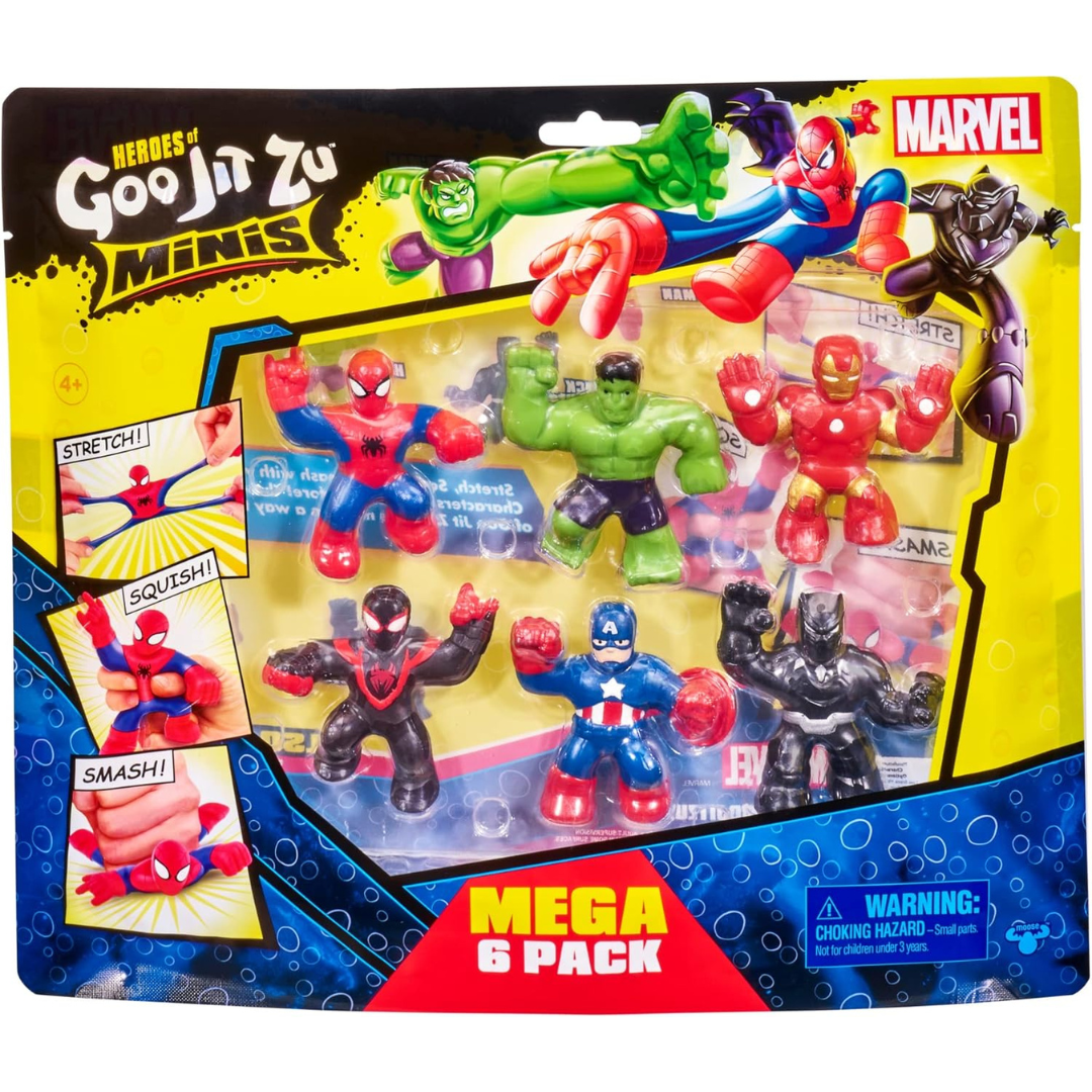 Heroes of Goo Jit Zu - Marvel Mega Mini Paquete de 6 mini héroes Ironman, Spider-Man, Capitán América, Miles Morales, Hulk y Pantera Negra