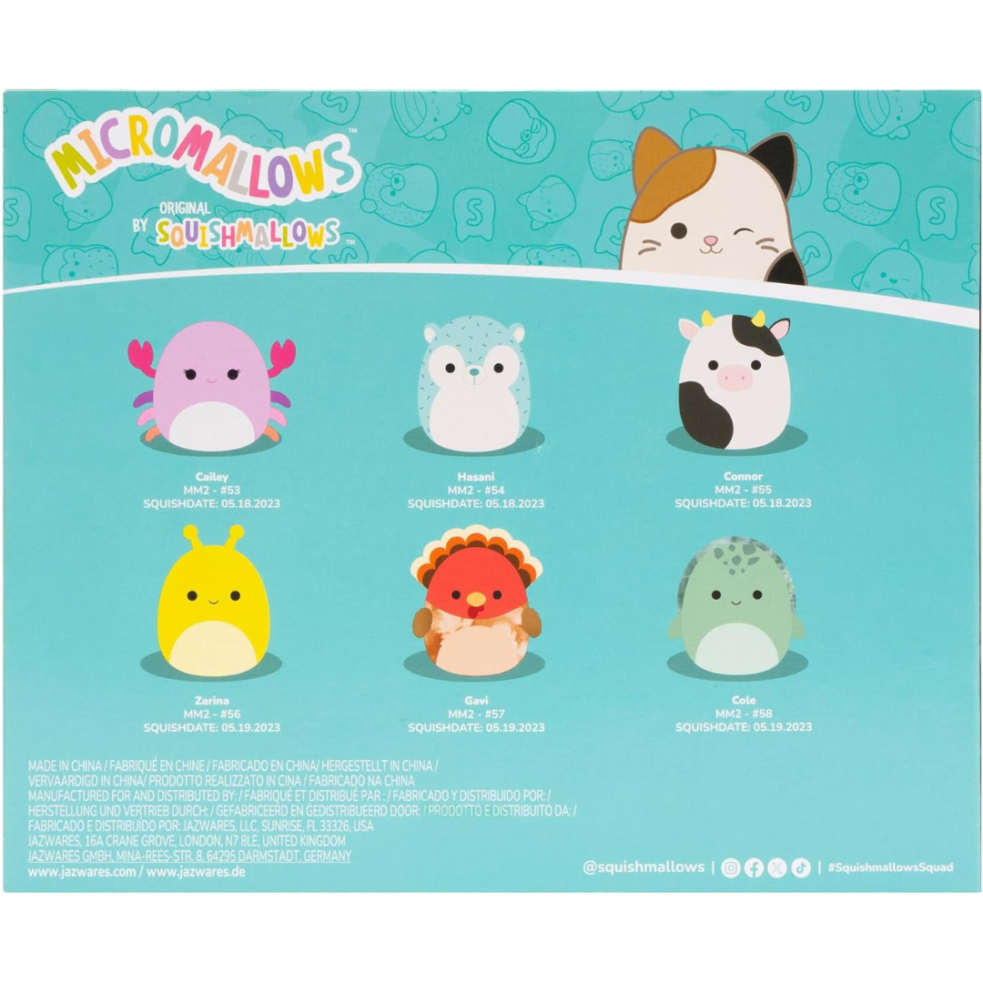 Squishmallows Micromallows paquete de 6 -  Cailey Crab, Cole Turtle, Connor Cow, Gavi Turkey, Hasani Hedgehog y  Zarina Banana Slug