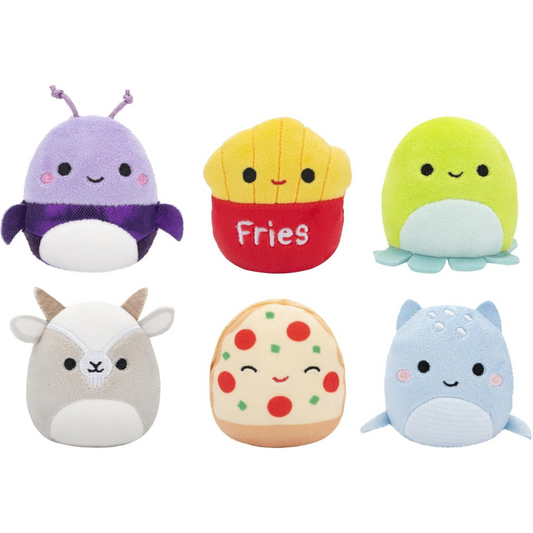 Squishmallows Micromallows paquete de 6 -  Axel Beetle, Lune Loch Ness Monster, Floyd French Fries, Orphie Octopus, Pep Pizza y Walker Goat