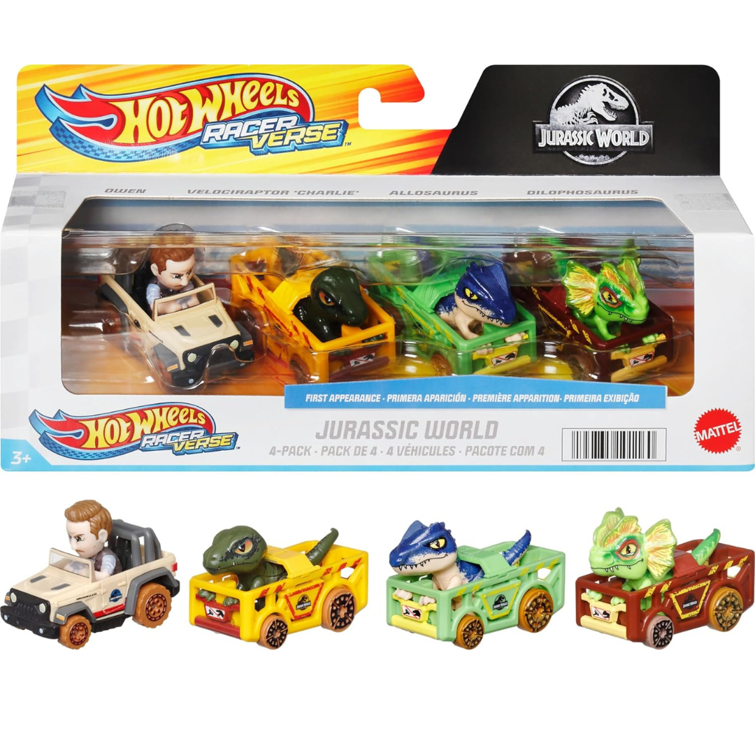 Hot Wheels Racer Reverse - Jurassic World Charlie, Owen, Dilophosaurus y Allosaurus