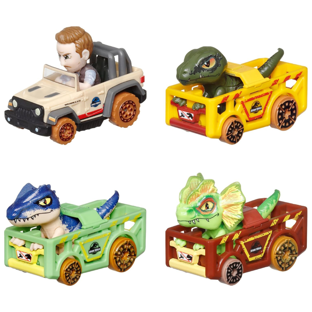 Hot Wheels Racer Reverse - Jurassic World Charlie, Owen, Dilophosaurus y Allosaurus