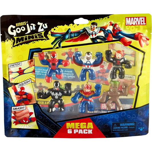 Heroes of Goo Jit Zu - Marvel Mega Mini Paquete de 6 mini héroes Groot, Viuda Negra, Capitán América, Spider-Man, Veneno y Capitán Marvel